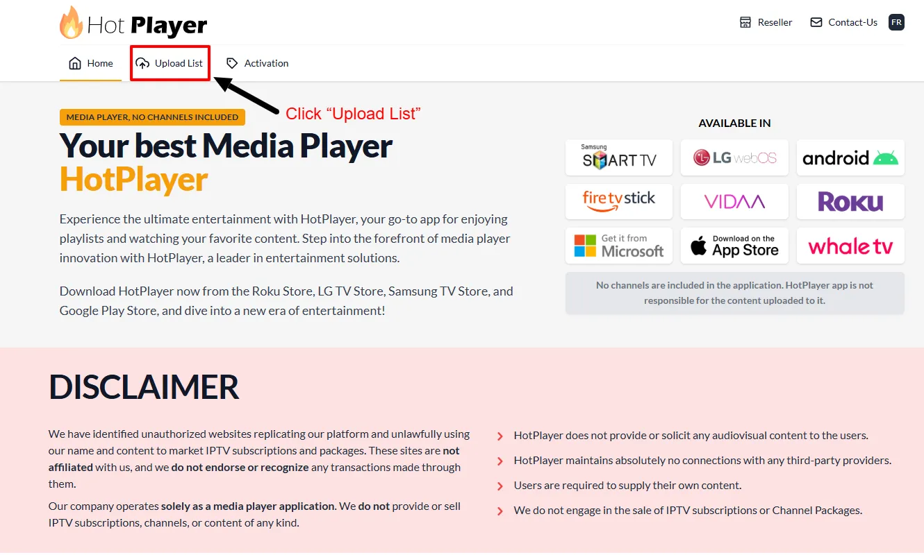 HotPlayer website with the Upload List tab highlighted