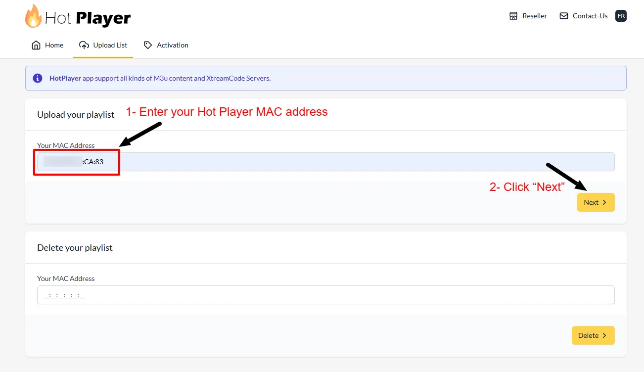 HotPlayer upload page with the MAC address field and Next button