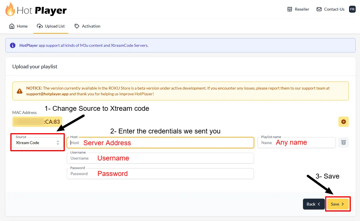 HotPlayer upload form set to Xtream Code with credential fields