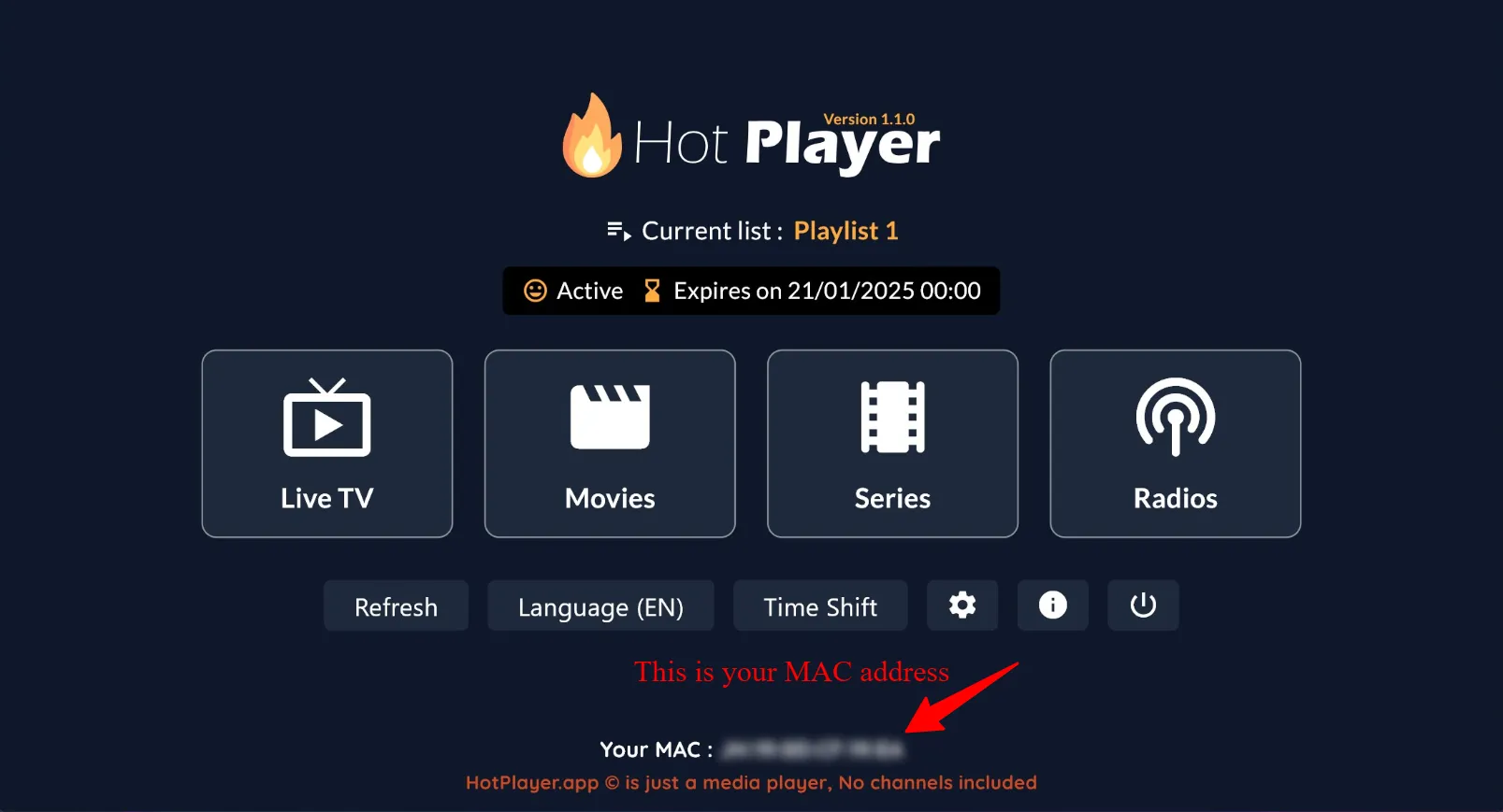 HotPlayer home screen showing the device MAC address