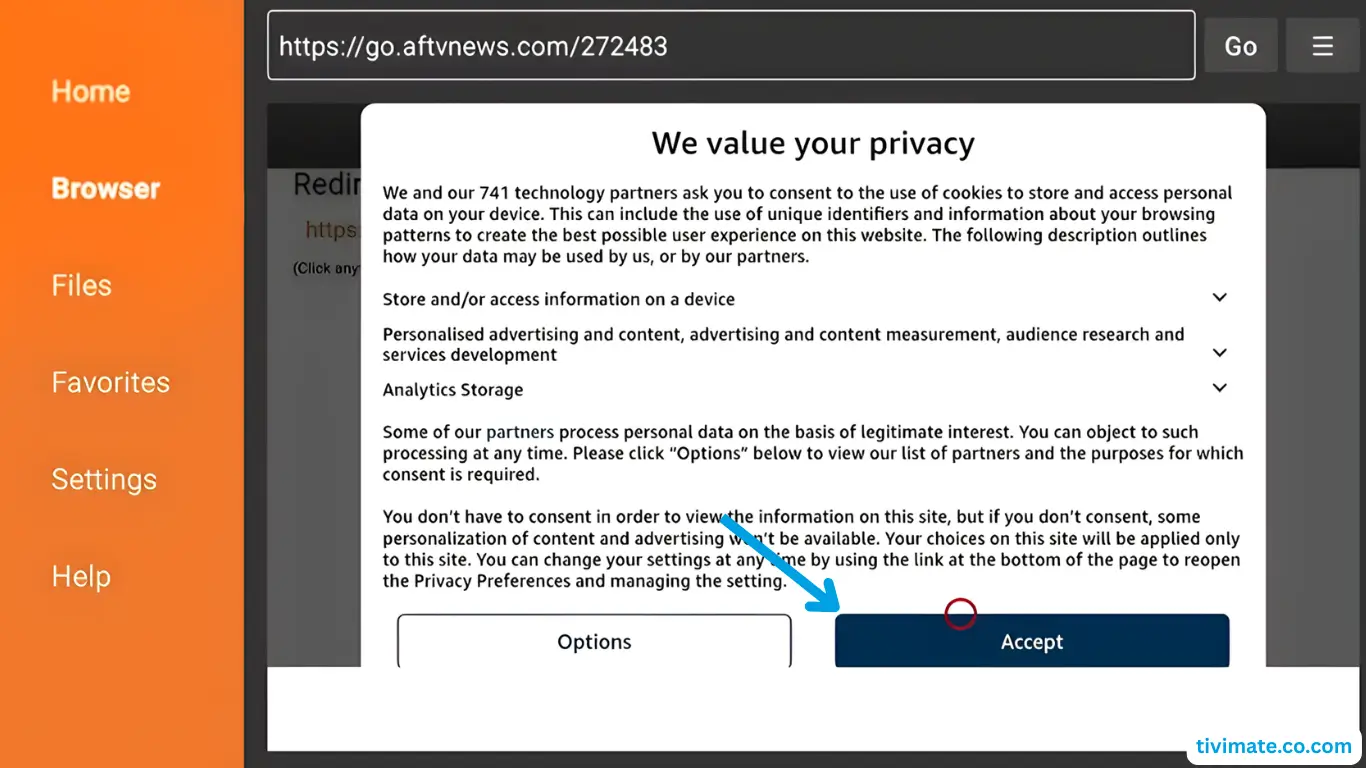 Accepting the Downloader privacy policy on Android TV