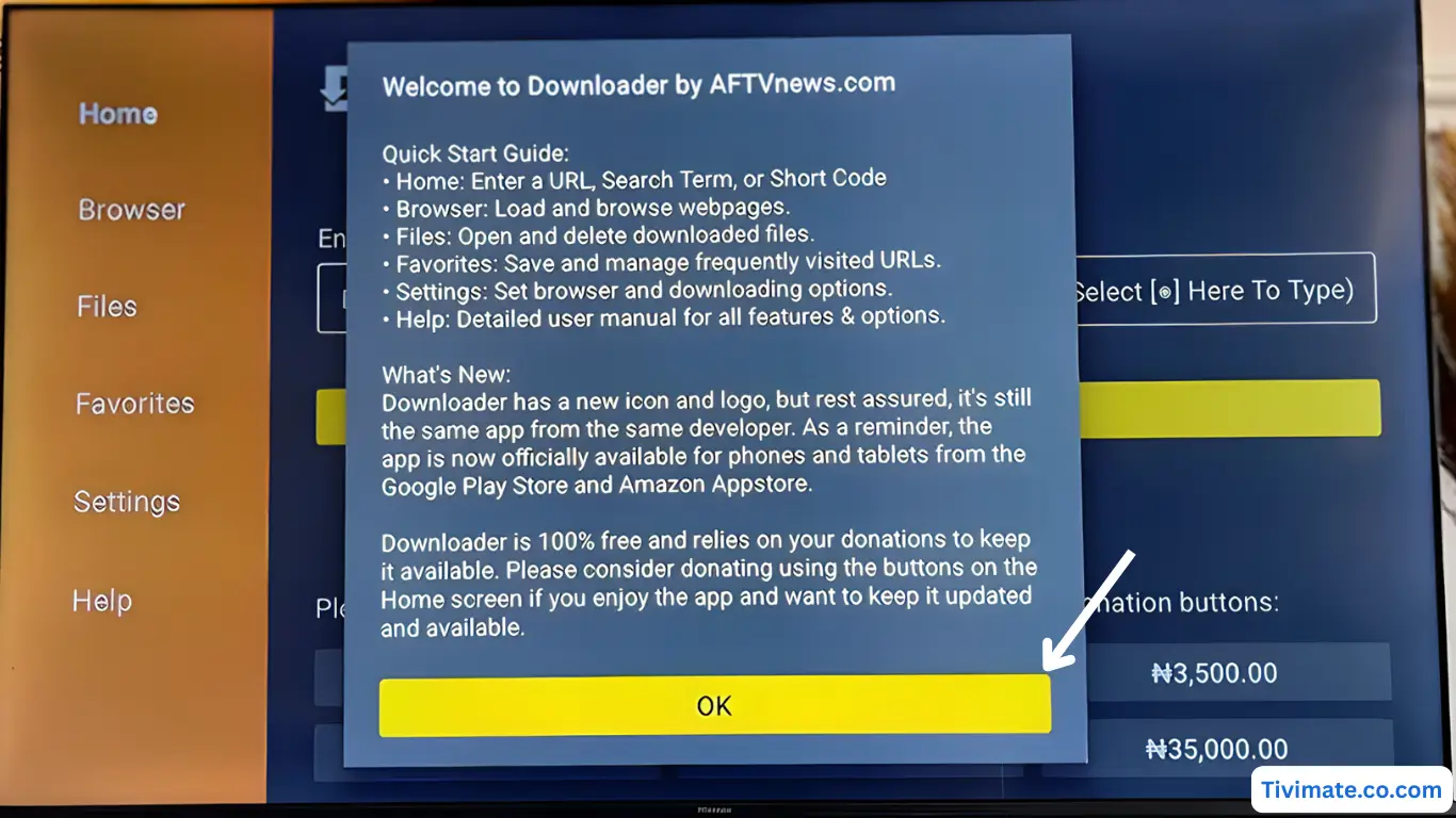 Clicking OK to confirm in Downloader on Android TV