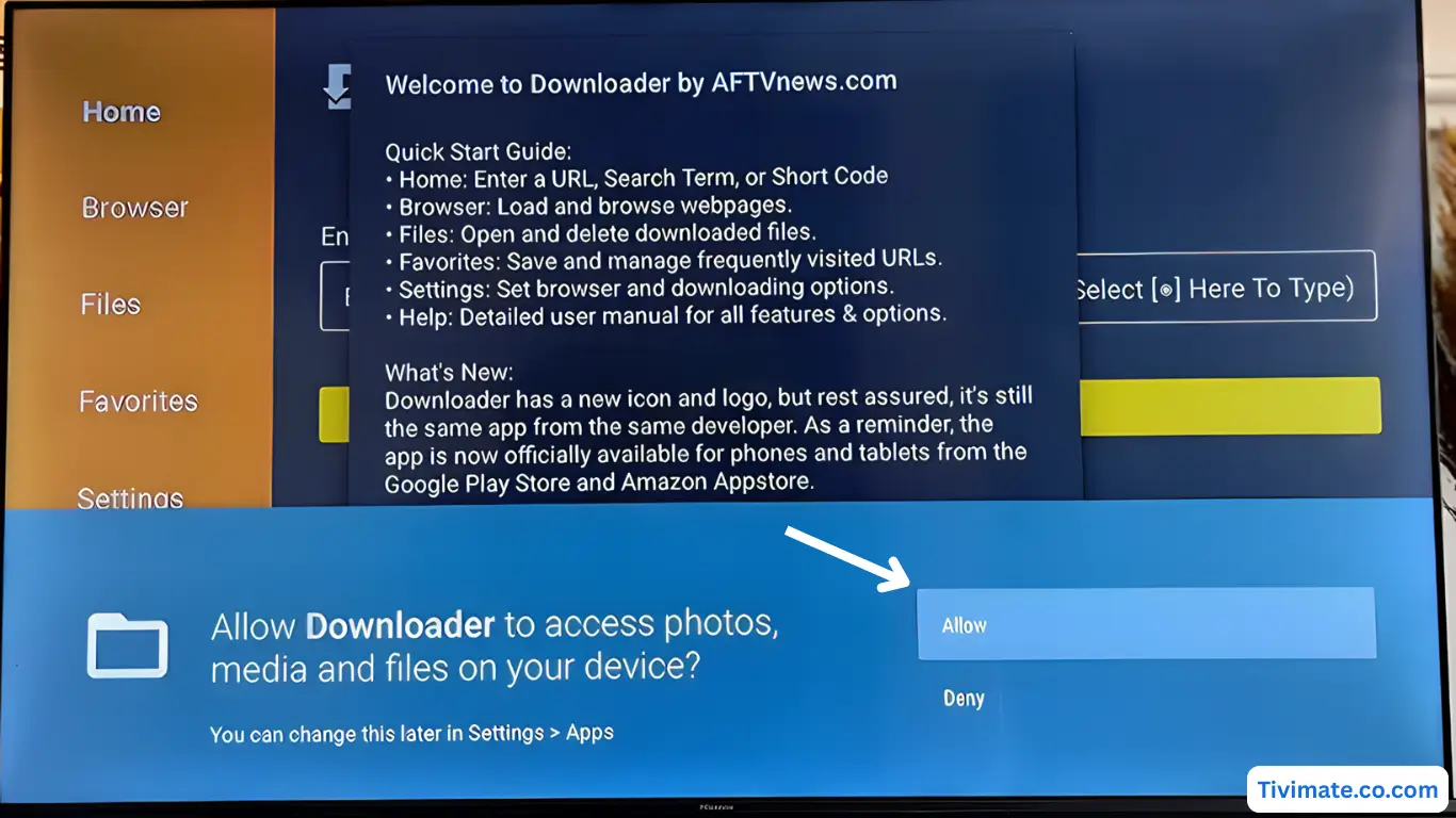 Pressing Allow to grant Downloader permissions on Android TV