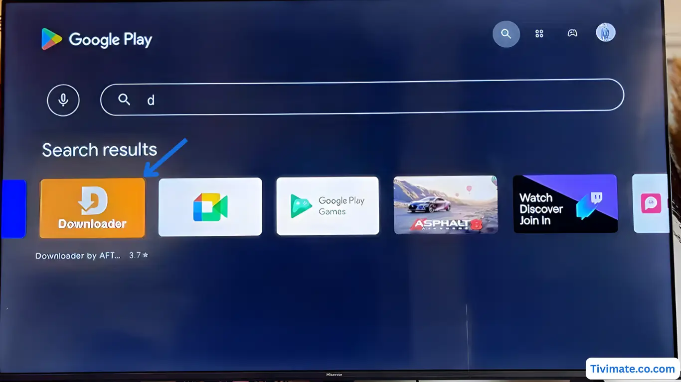 Searching for Downloader in the Play Store on Android TV