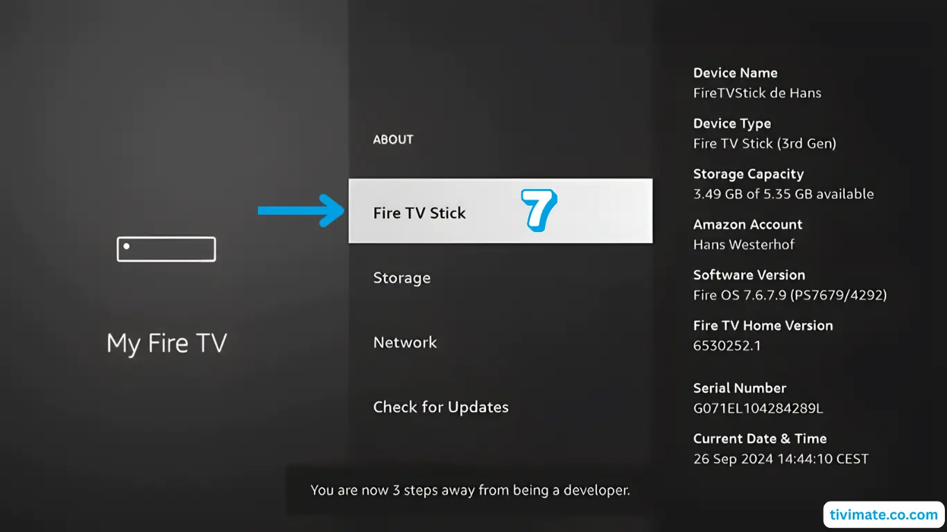 Firestick About screen, clicking the Fire TV Stick name seven times