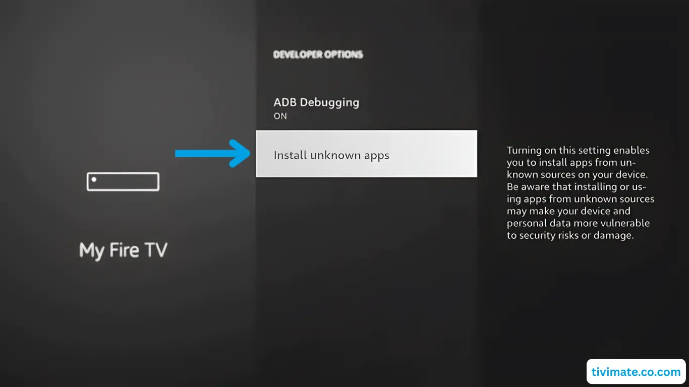 Firestick Developer options with Install unknown apps highlighted