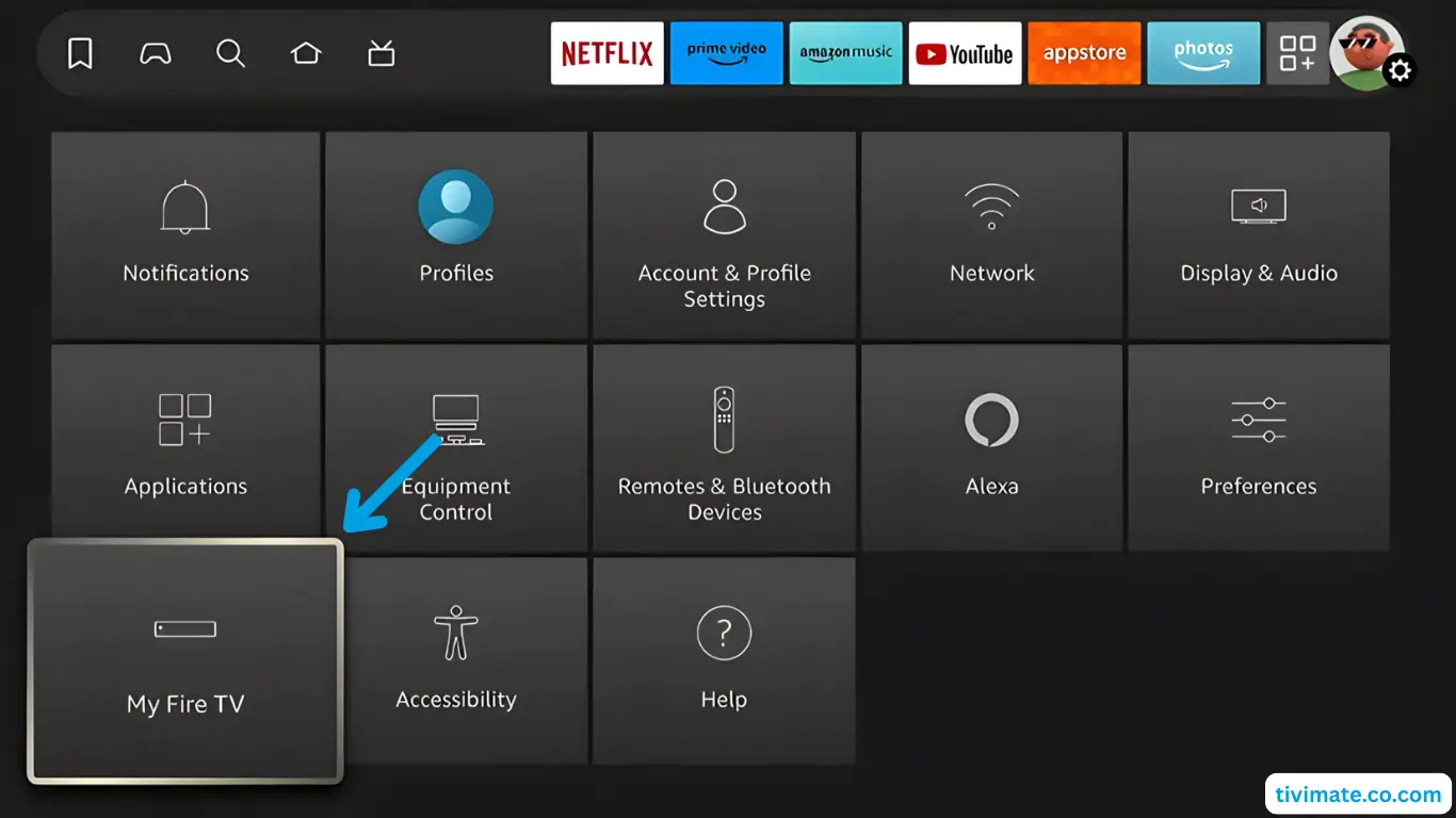 Firestick Settings menu with My Fire TV selected